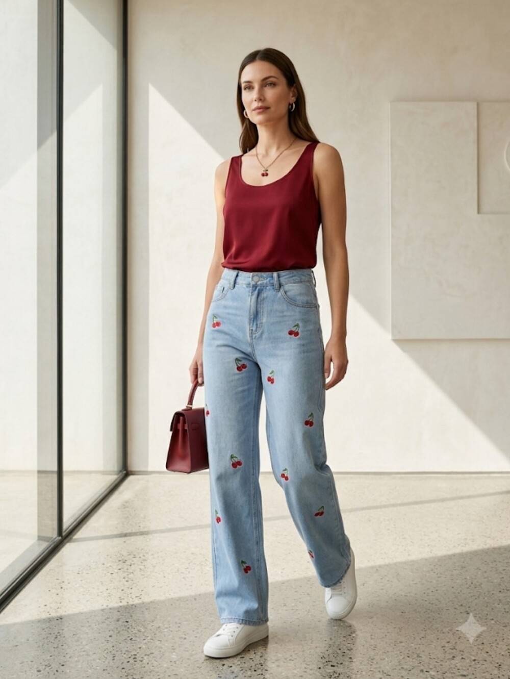 ROMWE Blue Jean Cotton Blend Embroidered Red Cherries Denim Coquette Size Small